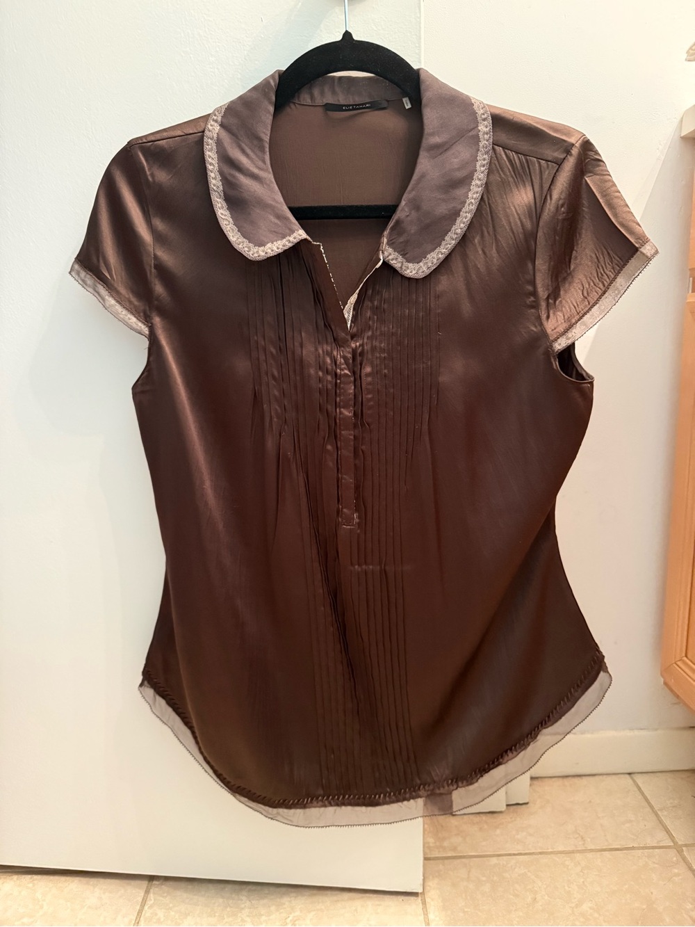 Vintage Elie Tahari Brown Satin Silk Pleated Blouse